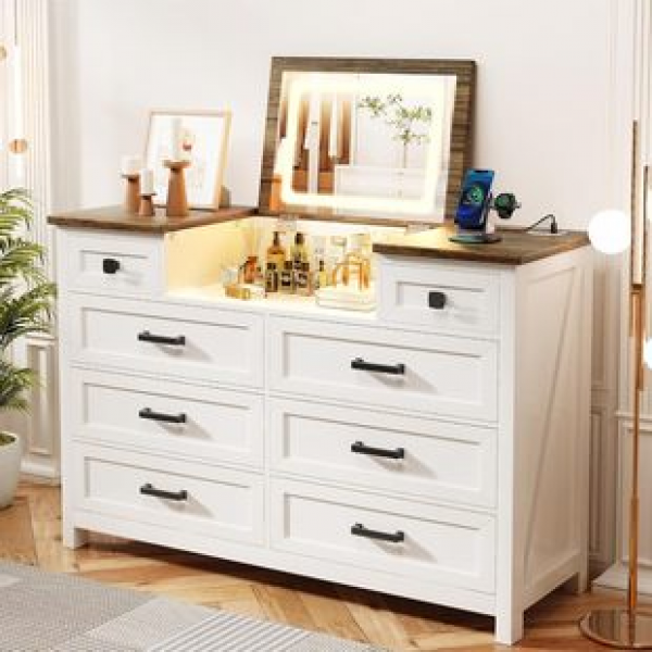 Cross border LED mirror vanity with charging station, bedroom storage space, bedroom mirror vanity drawer cabinet