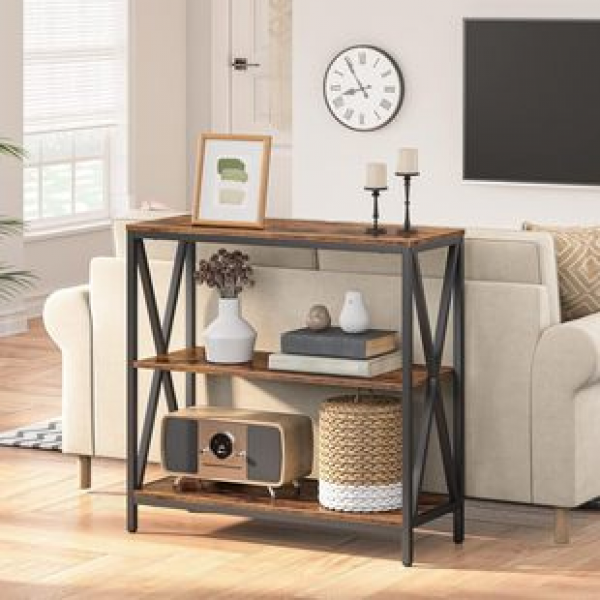 Narrow tables with open three-layer shelves for cross-border use are easy to assemble and have strong load-bearing capacity. Rural brown industrial control console
