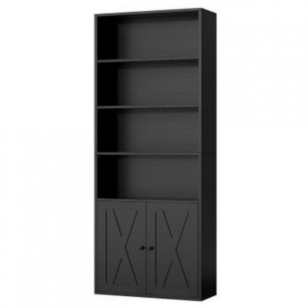 Floor standing bookshelf with door, six story display and storage rack, modern, simple, mysterious, black industrial bookshelf, display cabinet, trendy