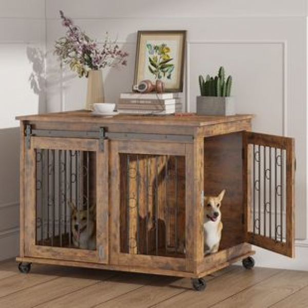 Cross border direct sales of small dog barn doors with partitions, pet dog cages made of steel, solid wood, thick wood, medium indoor, and household use