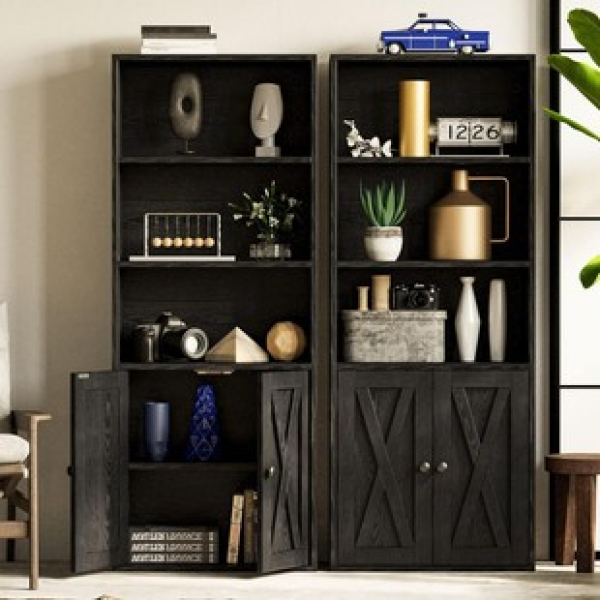Panel furniture book industry bookshelf with door, deep vertical five shelf storage, Amazon cross-border exclusive supply