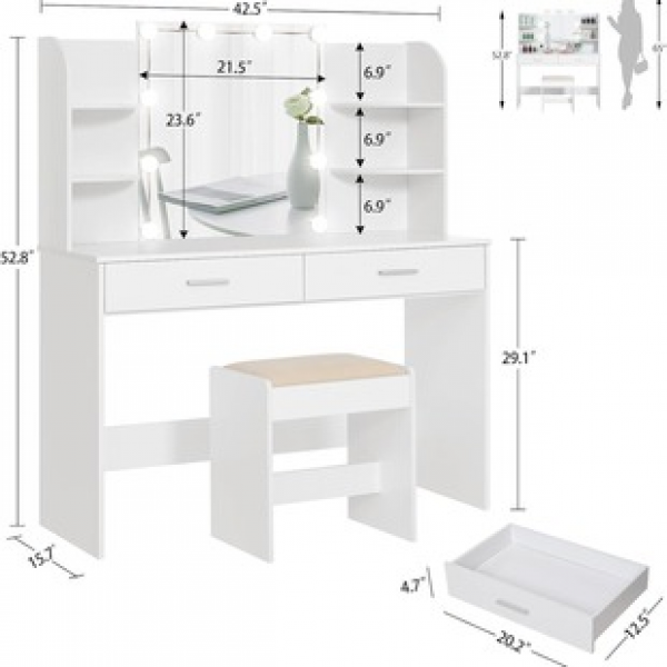 Tri color LED light mirror drawer storage makeup table set, bedroom white dressing table with soft cushion stool set, trendy