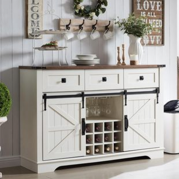 Coffee and wine cabinet with 3 drawers, sliding barn door, storage rack, kitchen, dining room, simple and independent farmhouse, buffet cabinet