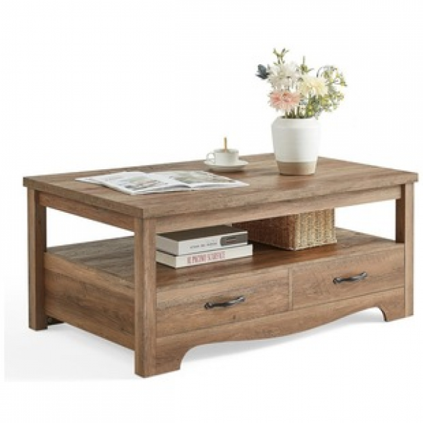 Open display area and storage drawers, with metal handles and storage function, living room wooden coffee table,