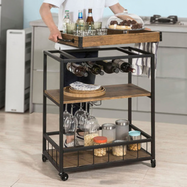 Cross border direct sales industrial retro style wooden metal service cart, rural style mobile kitchen service cart