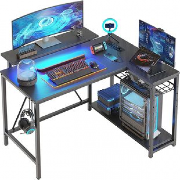 Cross border small L-shaped desk with charging port and LED light strip, modern computer desk with foldable storage rack