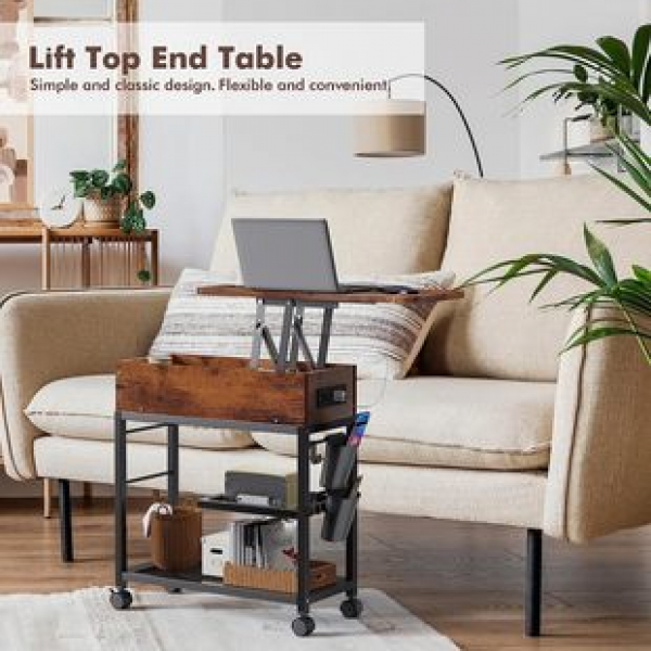 Mobile narrow hidden storage sofa, side table, top table with charging station and wheels, USB port, with roller