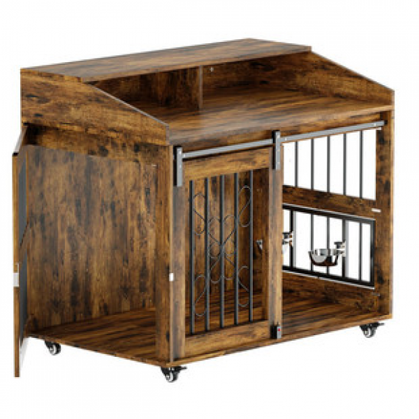 Rural style decorative dog cage wooden dog bed cabinet easy to assemble dog box furniture with sliding barn door trendy