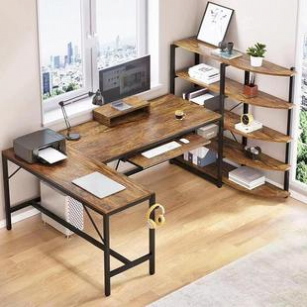 Amazon hot selling office desk with computer stand, steel wood L-shaped corner computer desk with multi-layer storage rack