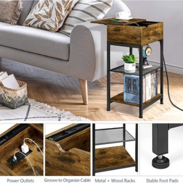 Cross border industrial sliding table with charging station, bedside with USB port and socket, small space side table