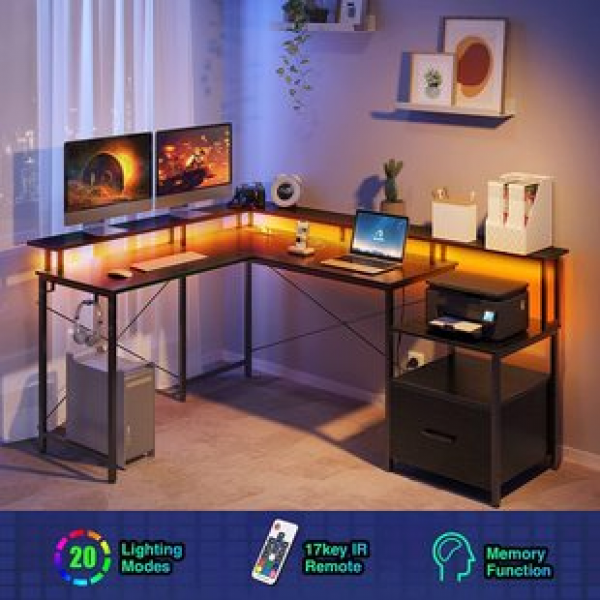 Computer corner table with printer cabinet, monitor, LED light strip, file drawer, power socket, L-shaped computer desk