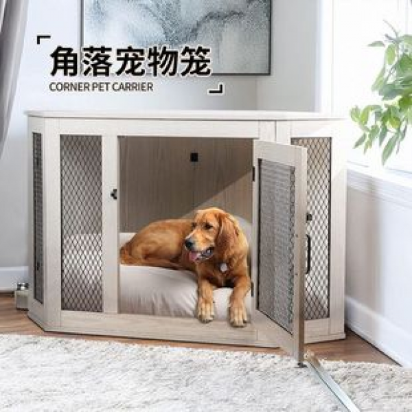 Cross border direct sales corner design metal mesh dog cage anti bite corner pet table Nordic wind steel wood pet cage