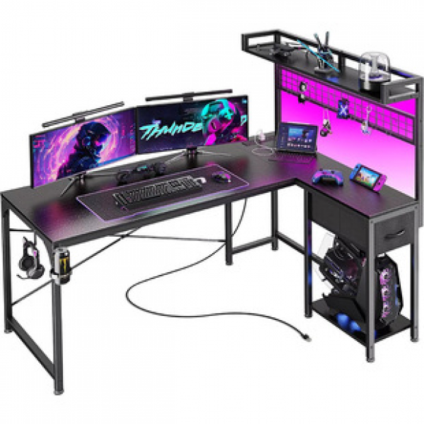 Cross border manufacturer direct sales corner desk office desk with storage bag L-shaped gaming table with LED lights and power socket trendy