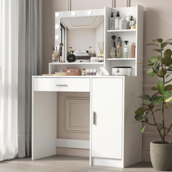 Cross border with three color LED lights, mirror drawers, storage shelves, white dressing table, bedroom dressing table, dressing table, trendy