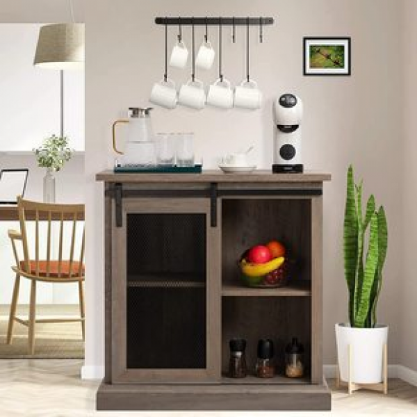 Adjustable inner shelf storage cabinet, American countryside style coffee bar cabinet with sliding barn door, kitchen storage cabinet