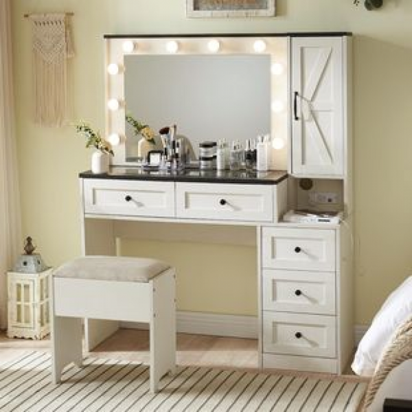 Tri color LED light mirror, power socket, drawer storage, dressing table, bedroom, farmhouse, dressing table with stool set, trendy