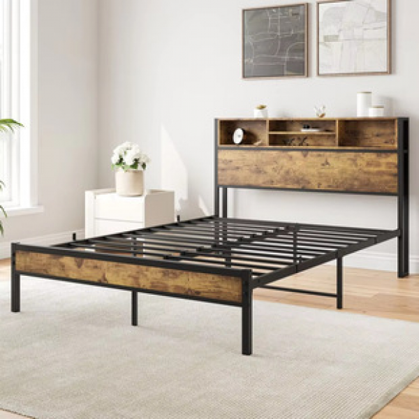 Iron bed, American retro steel and wood bed, can store items, headboard, industrial style double bed, master bedroom, hotel, internet famous homestay bed