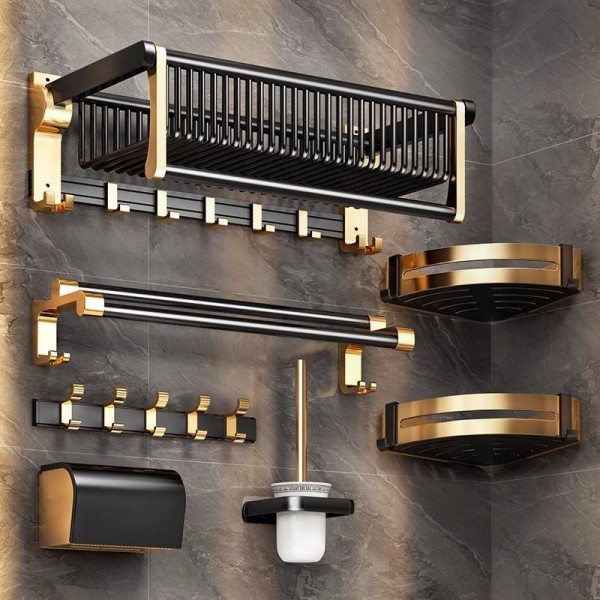 Modern Luxury Black Gold Thickened Bathroom Towel Rack, Hole-Free Bathroom Hardware Hooks, Storage Bathroom Accessories Set