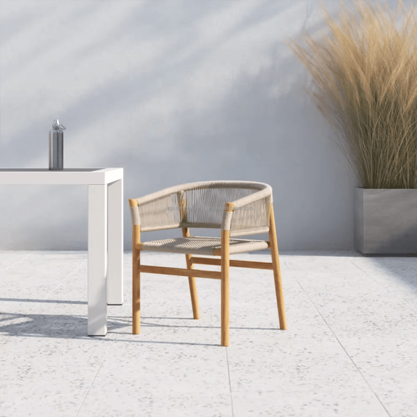 Modern and comfortable wooden garden chairs, beautifully woven rope courtyard park furniture, suitable for event restaurants and hotels with a leisurely style