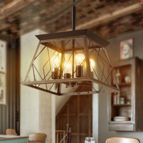 16" Black Gold Industrial 4-Light Pendant Chandelier, Modern Metal Cage Design, Adjustable Hanging Light for Dining Room, Kitchen, Living Room (No Bulbs) 