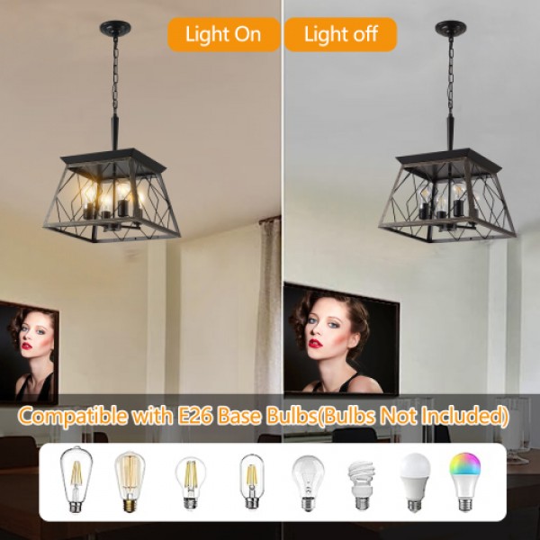 16" Black Gold Industrial 4-Light Pendant Chandelier, Modern Metal Cage Design, Adjustable Hanging Light for Dining Room, Kitchen, Living Room (No Bulbs) 
