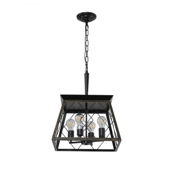 16" Black Gold Industrial 4-Light Pendant Chandelier, Modern Metal Cage Design, Adjustable Hanging Light for Dining Room, Kitchen, Living Room (No Bulbs) 