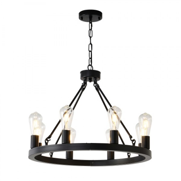 8-Light (No Bulbs) Matte Black Wagon Wheel Chandelier Farmhouse Modern Small Round Chandelier for Living Room Kitchen Island Foyer Hallway Entryway Bedroom Dining Room Light Fixture Ceiling Hanging