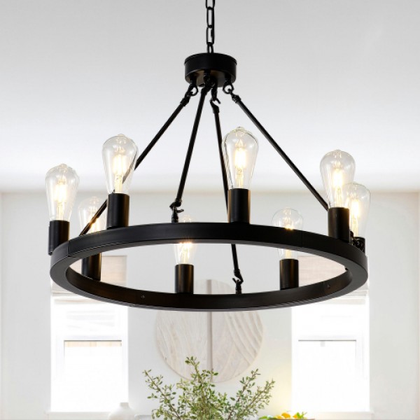8-Light (No Bulbs) Matte Black Wagon Wheel Chandelier Farmhouse Modern Small Round Chandelier for Living Room Kitchen Island Foyer Hallway Entryway Bedroom Dining Room Light Fixture Ceiling Hanging