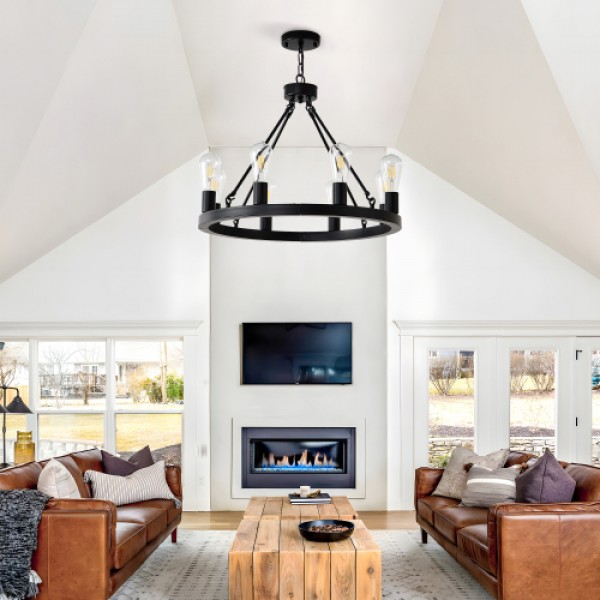 8-Light (No Bulbs) Matte Black Wagon Wheel Chandelier Farmhouse Modern Small Round Chandelier for Living Room Kitchen Island Foyer Hallway Entryway Bedroom Dining Room Light Fixture Ceiling Hanging