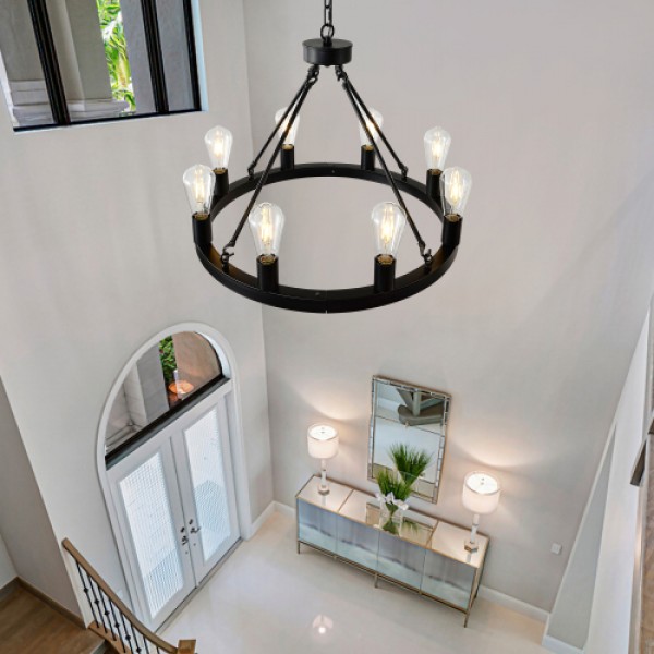 8-Light (No Bulbs) Matte Black Wagon Wheel Chandelier Farmhouse Modern Small Round Chandelier for Living Room Kitchen Island Foyer Hallway Entryway Bedroom Dining Room Light Fixture Ceiling Hanging