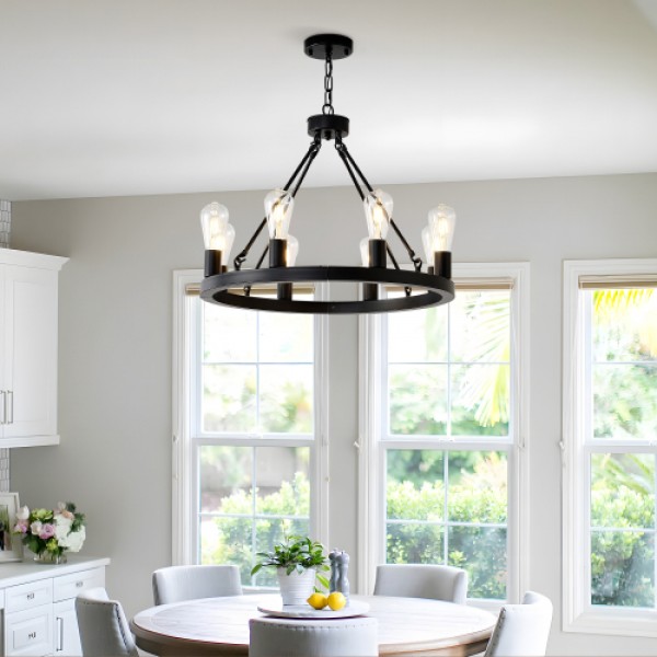 8-Light (No Bulbs) Matte Black Wagon Wheel Chandelier Farmhouse Modern Small Round Chandelier for Living Room Kitchen Island Foyer Hallway Entryway Bedroom Dining Room Light Fixture Ceiling Hanging