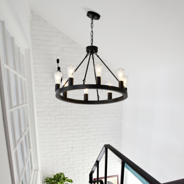 8-Light (No Bulbs) Matte Black Wagon Wheel Chandelier Farmhouse Modern Small Round Chandelier for Living Room Kitchen Island Foyer Hallway Entryway Bedroom Dining Room Light Fixture Ceiling Hanging