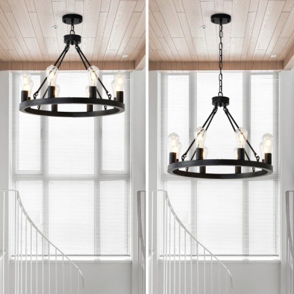 8-Light (No Bulbs) Matte Black Wagon Wheel Chandelier Farmhouse Modern Small Round Chandelier for Living Room Kitchen Island Foyer Hallway Entryway Bedroom Dining Room Light Fixture Ceiling Hanging