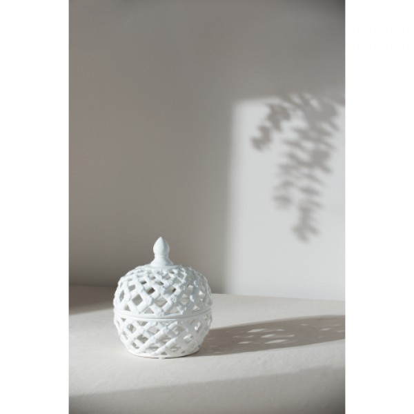 D8x9.5" White Ceramic Lidded Jar with Lattice Design