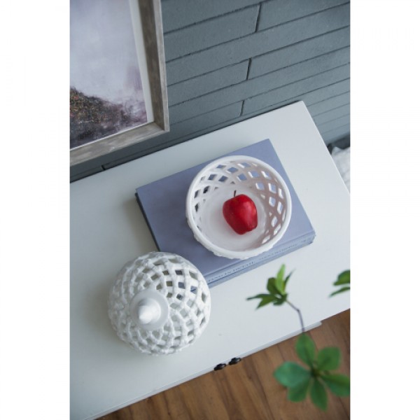 D8x9.5" White Ceramic Lidded Jar with Lattice Design