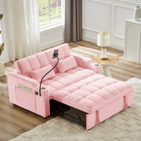 1 versatile foldable sofa bed in 3 lengths, modern sofa sofa sofa velvet pull-out bed, adjustable back and with USB port and ashtray and swivel phone stand (pink)