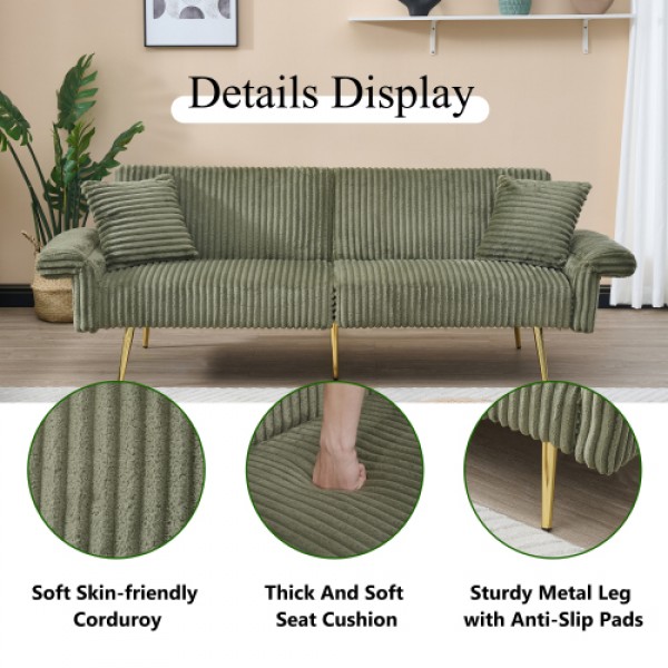 79 inch corduroy sofa bed, foldable double sofa bed with folding armrests, suitable for living rooms and small spaces