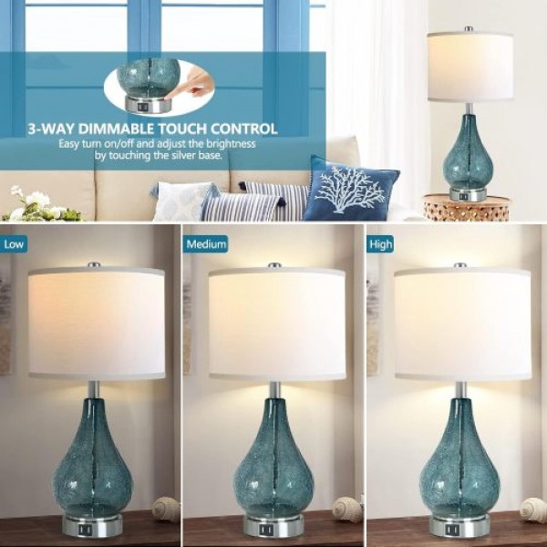 Glass Table Lamp For Living Room Bedroom Set Of 2, 22.5" LED Light With Touch Control, Black 3 Way Dimmable Modern Bedside Lamps For Home Decor With White Fabric Shade, Halloween Christmas