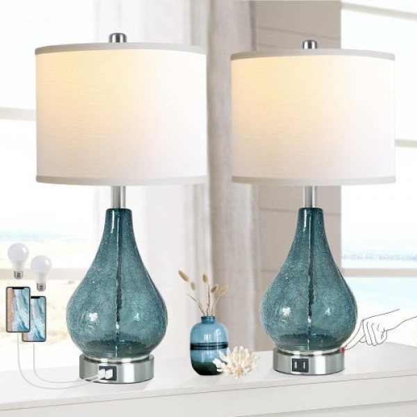 Glass Table Lamp For Living Room Bedroom Set Of 2, 22.5" LED Light With Touch Control, Black 3 Way Dimmable Modern Bedside Lamps For Home Decor With White Fabric Shade, Halloween Christmas