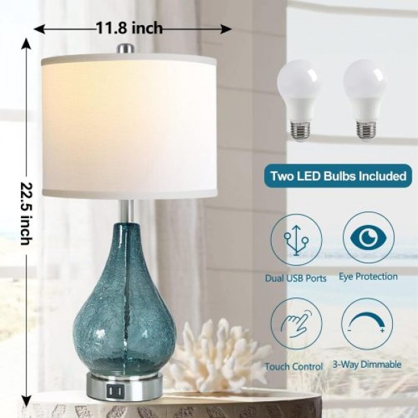 Glass Table Lamp For Living Room Bedroom Set Of 2, 22.5" LED Light With Touch Control, Black 3 Way Dimmable Modern Bedside Lamps For Home Decor With White Fabric Shade, Halloween Christmas