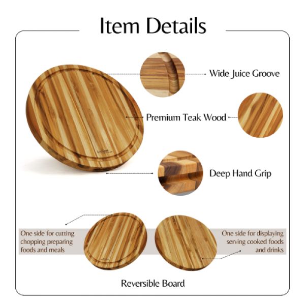 Teak Cutting Board Reversible Chopping Serving Board Multipurpose Food Safe Thick Board, Small Large Size 15.8x15.8x1.25 inches 