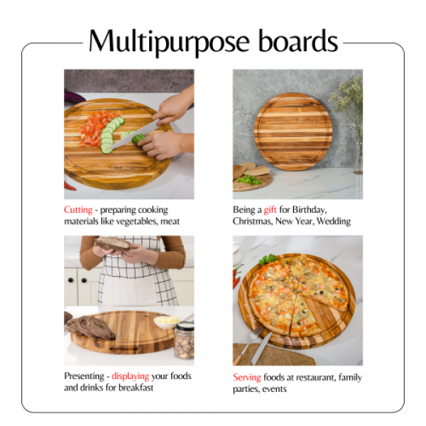 Teak Cutting Board Reversible Chopping Serving Board Multipurpose Food Safe Thick Board, Small Large Size 15.8x15.8x1.25 inches 