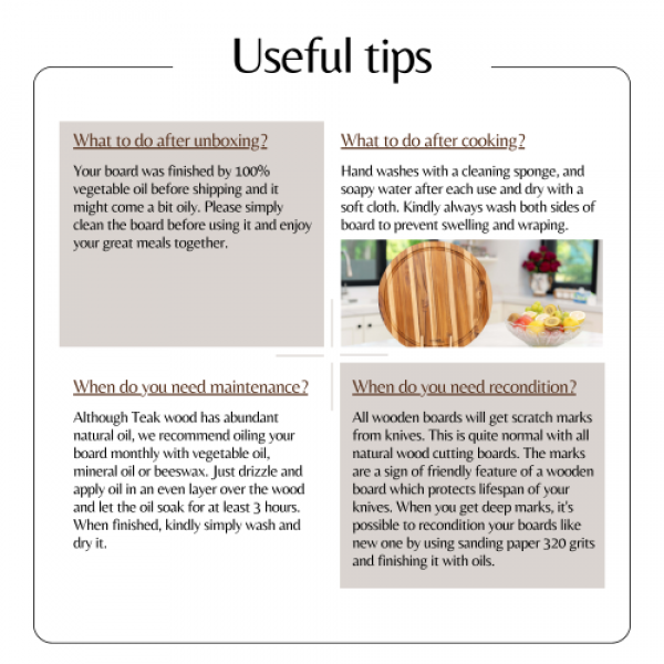 Teak Cutting Board Reversible Chopping Serving Board Multipurpose Food Safe Thick Board, Small Large Size 15.8x15.8x1.25 inches 